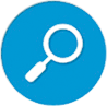 White magnifying glass icon within blue circle